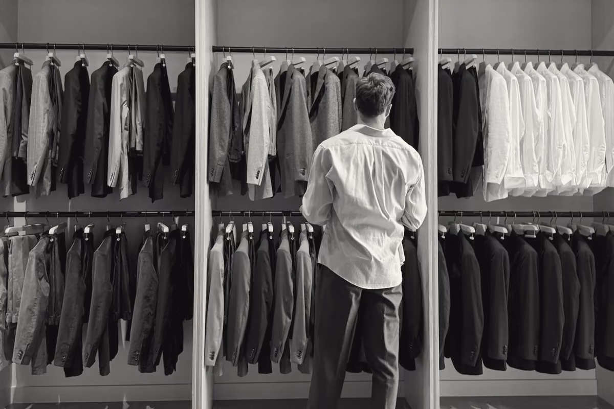 Una persona di spalle consulta giacche e camicie appese nelle nicchie di uno showroom